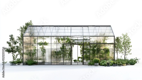 A rectangular glass greenhouse with a black metal frame, filled with various plants and trees, sits on a light-colored surface against a white background.  The greenhouse features a central door