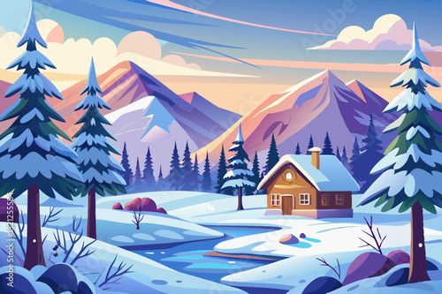  peaceful winter landscape with snowy cabin, pine trees and mountain view in a scenic forest setting
