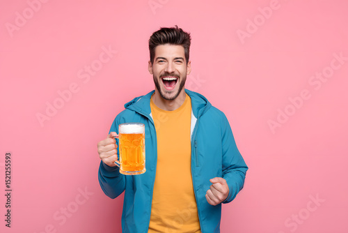 A cheerful man joyfully showcasing a frosty beer mug, radiating excitement against a bold pink backdrop. Good times concept