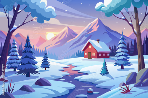  peaceful winter landscape with snowy cabin, pine trees and mountain view in a scenic forest setting
