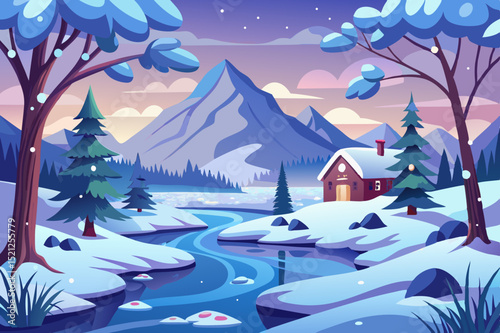  peaceful winter landscape with snowy cabin, pine trees and mountain view in a scenic forest setting