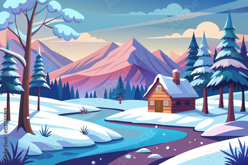  peaceful winter landscape with snowy cabin, pine trees and mountain view in a scenic forest setting