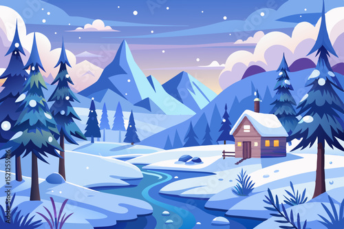  peaceful winter landscape with snowy cabin, pine trees and mountain view in a scenic forest setting