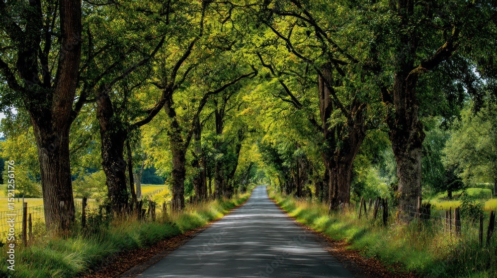Naklejka premium Scenic country road through green trees
