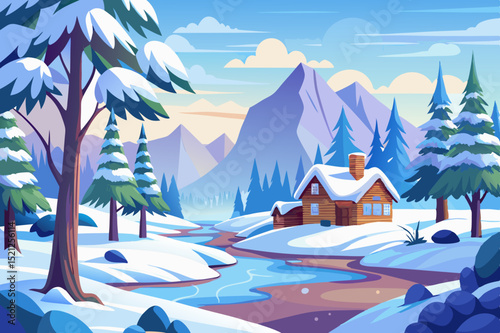  peaceful winter landscape with snowy cabin, pine trees and mountain view in a scenic forest setting