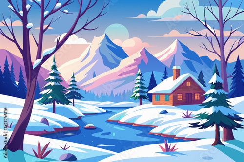  peaceful winter landscape with snowy cabin, pine trees and mountain view in a scenic forest setting