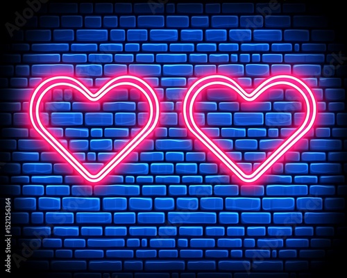 Two glowing neon hearts are seen on a blue brick wall
