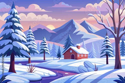 peaceful winter landscape with snowy cabin, pine trees and mountain view in a scenic forest setting