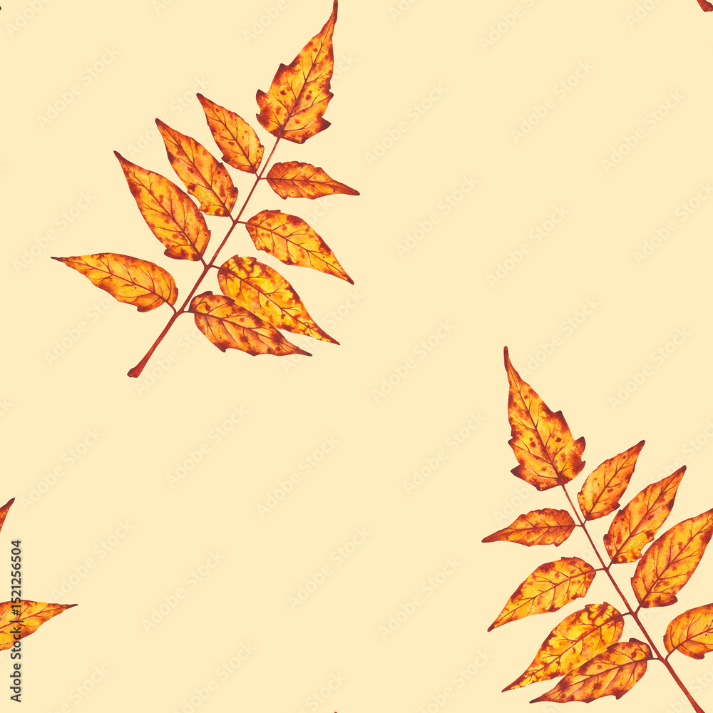 Naklejka premium Seamless watercolor pattern of orange and yellow autumn leaves. Perfect for seasonal wrapping paper, textile prints, stationery, or fall-themed backgrounds.