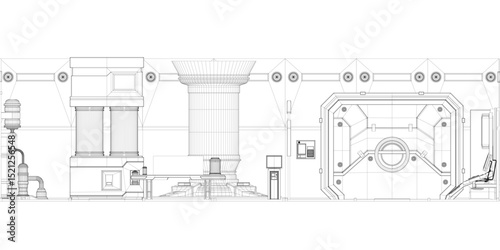 Futuristic sci-fi machine in a high-tech lab setting, in wireframe. It features geometric shapes, modular components, glowing circuits, and mechanical details, suggesting advanced engineering