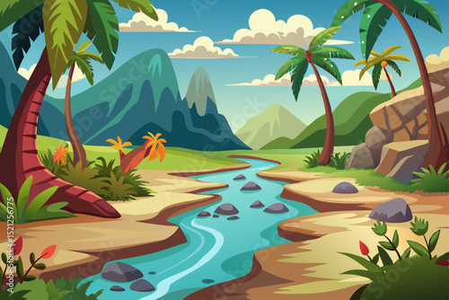 tropical beach landscape illustration with river, palm trees and sunset

