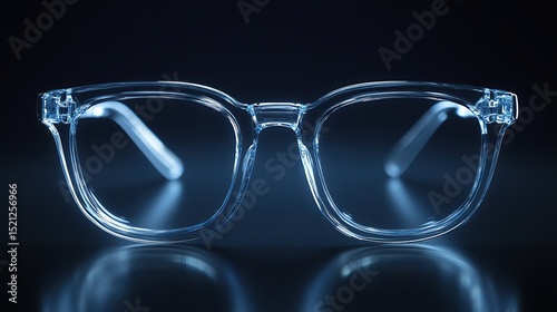 Transparent eyeglasses with a square frame, subtly illuminated from within, rest on a dark reflective surface, casting a soft glow
