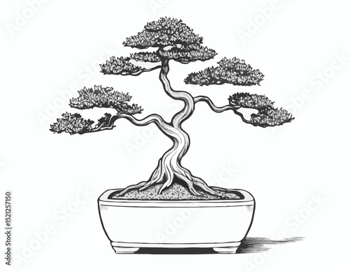 Detailed Line Art of a Bonsai Tree