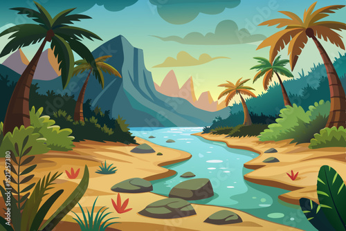 tropical beach landscape illustration with river, palm trees and sunset

