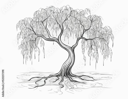 Stylized Line Art of Weeping Willow