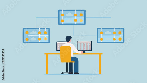 Person working at desk with two monitors and three screens connected with orange dots and blue lines