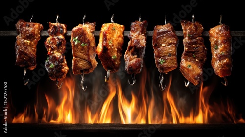 artistic professional photo of flying meat skewers in front of flame, perfect lighting, realistic and cinematic style photo