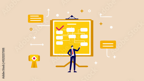 Man presenting flowchart on a yellow board with checkmark in a business meeting illustration
