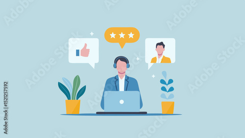Illustration of a customer service representative with feedback icons and potted plants