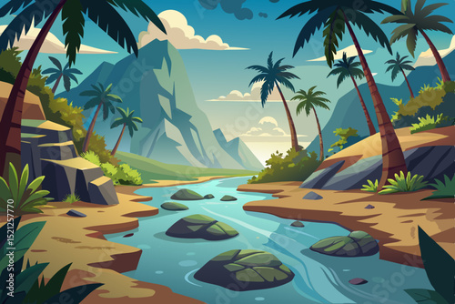 tropical beach landscape illustration with river, palm trees and sunset

