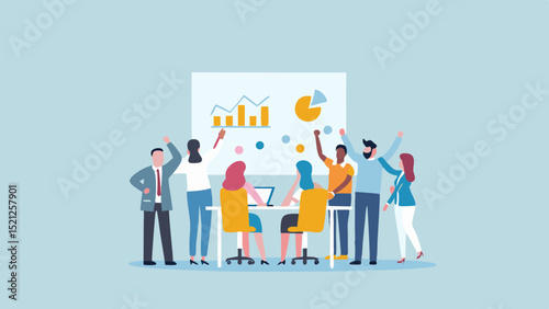 Group of business people celebrating success in a meeting with a graph and chart on the board