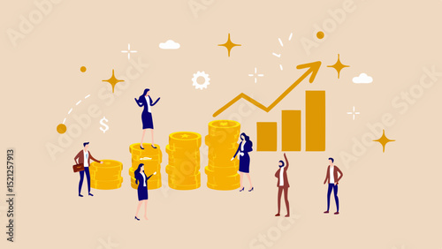 Illustration of business people with coins and upward trending graph on a light background