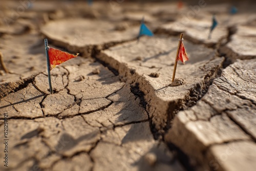 Macro image of cracked dried earth with miniature flags marking claimed zones, captured under harsh midday sun, symbolizing border conflict and global climate tension