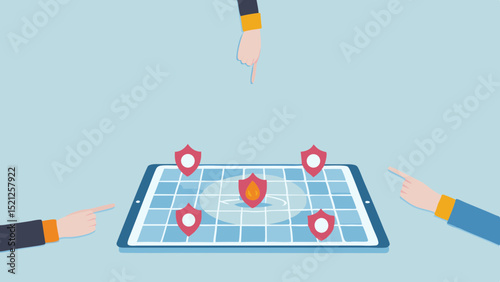 Illustration of hands pointing at a tablet with a grid and shield icons representing security