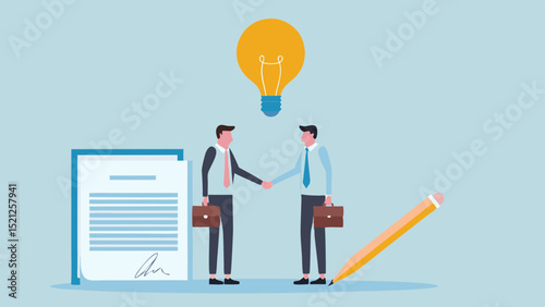 Illustration of two businessmen shaking hands with a lightbulb and a contract agreement nearby