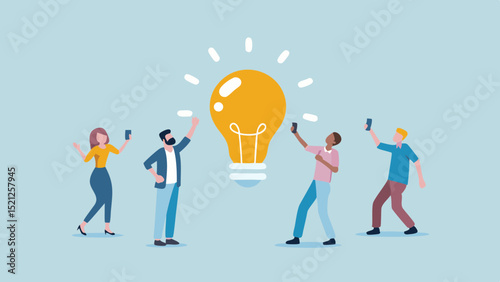 Group of people celebrating a bright idea represented by a large light bulb in the center
