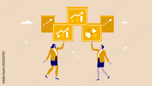 Two businesswomen holding up yellow squares with graphs and charts in a stylized illustration