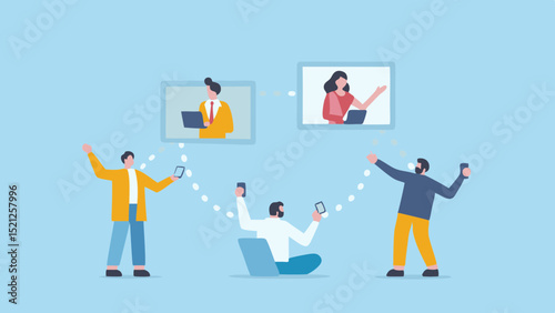 People connecting through video call with laptops and smartphones in a light blue background scene