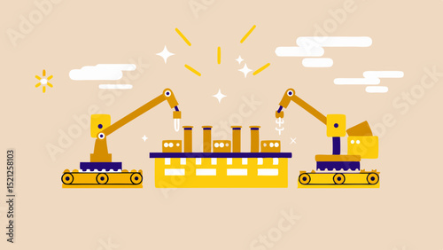 Illustration of two robotic arms working on a yellow factory with clouds and stars in the background
