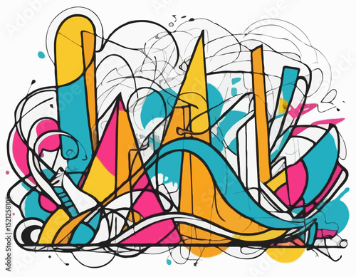 Urban Graffiti Style Abstract Line Art Mural with Bold Colors, Dynamic Shapes, and Street Culture Aesthetic for Modern Wall Decor and Creative Backgrounds.