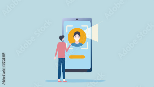 Person using face id on a mobile phone with a light blue background in a digital illustration style