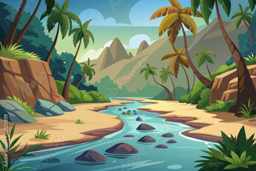 tropical beach landscape illustration with river, palm trees and sunset

