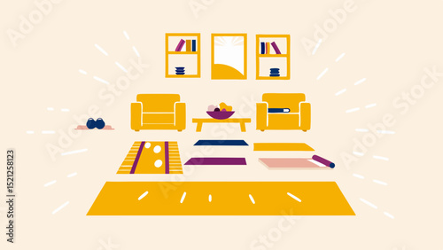 A stylized living room scene with furniture, rugs, shelves, and a glimpse of someone exercising