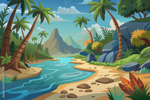 tropical beach landscape illustration with river, palm trees and sunset

