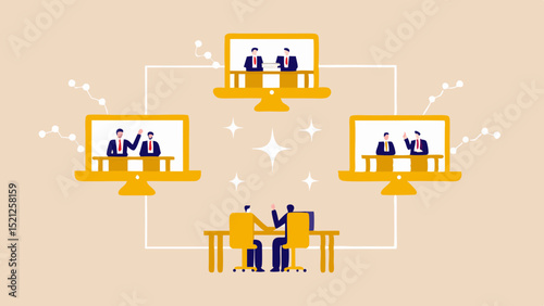 Illustration of business meeting via video conference and in person collaboration setup and communication