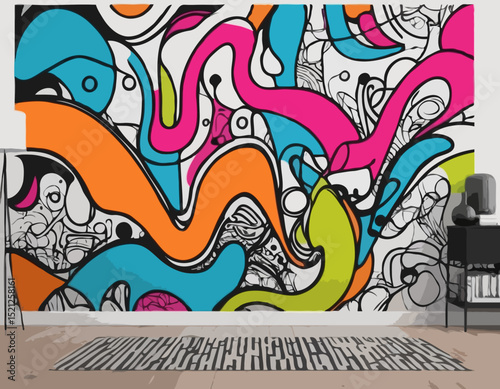 Urban Graffiti Style Abstract Line Art Mural with Bold Colors, Dynamic Shapes, and Street Culture Aesthetic for Modern Wall Decor and Creative Backgrounds.