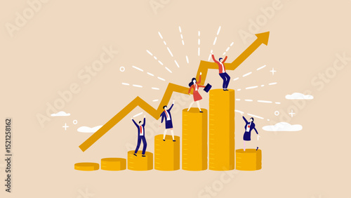 People celebrating success on a rising graph with coins and positive light rays illustration