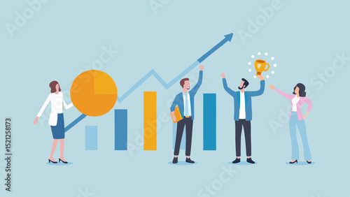 Illustration of business team celebrating success with trophy and upward trending graph and chart bars