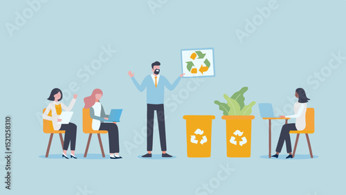 Business team discussing recycling and sustainability in the office environment with recycle bins