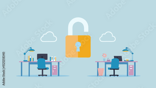 Open padlock between two office desks with computers and lamps under cloud shapes on a light blue background