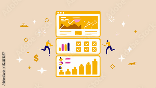 Illustration of data dashboards with charts and graphs and two figures running alongside the panels