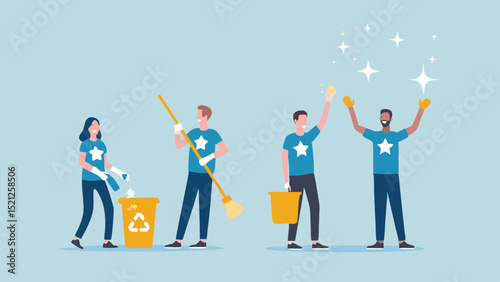Group of volunteers cleaning environment with broom, bucket, trash can and recycling waste together