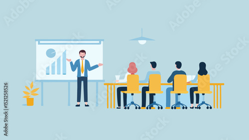 A man presenting a graph on a whiteboard to a group of people sitting at a long table in a meeting room