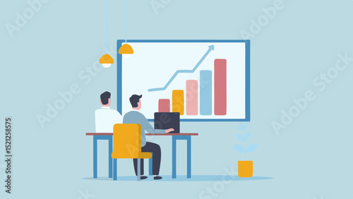 Two people at a desk looking at a presentation with a bar graph and an upward trending arrow