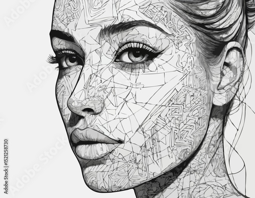 Expressive Black and White Continuous Line Drawing of a Human Face with Graffiti Elements, Exploring Identity and Emotion in Contemporary Street Art Style.