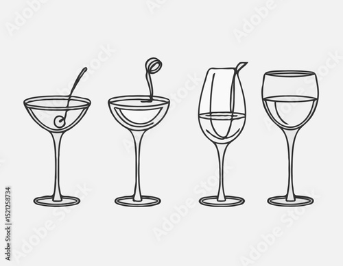 Elegant Wine Glass, Cocktail Shaker, and Coffee Cup Line Icons Set for Stylish Bar Menus